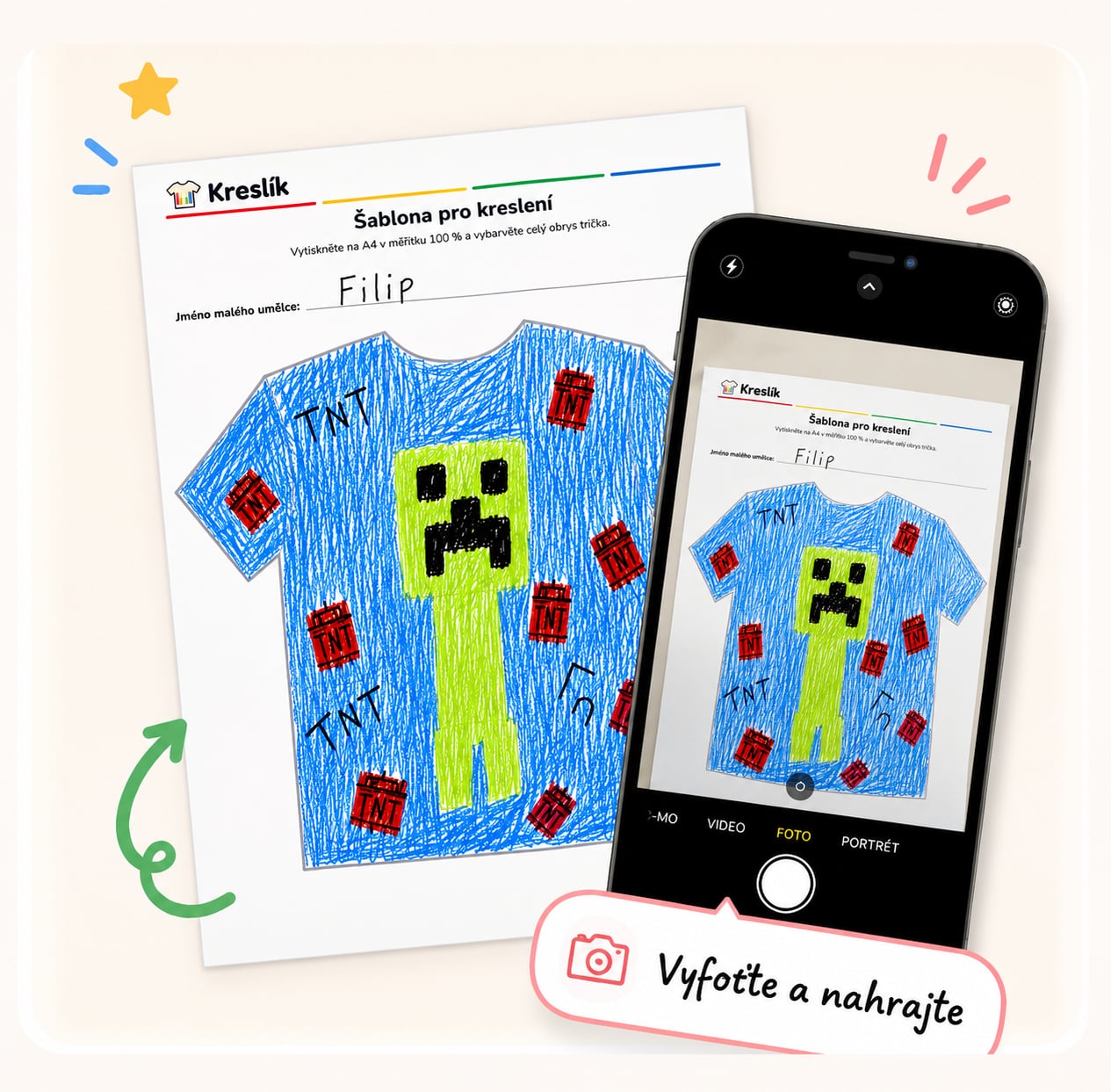 Dětská kresba na papírové šabloně trička
